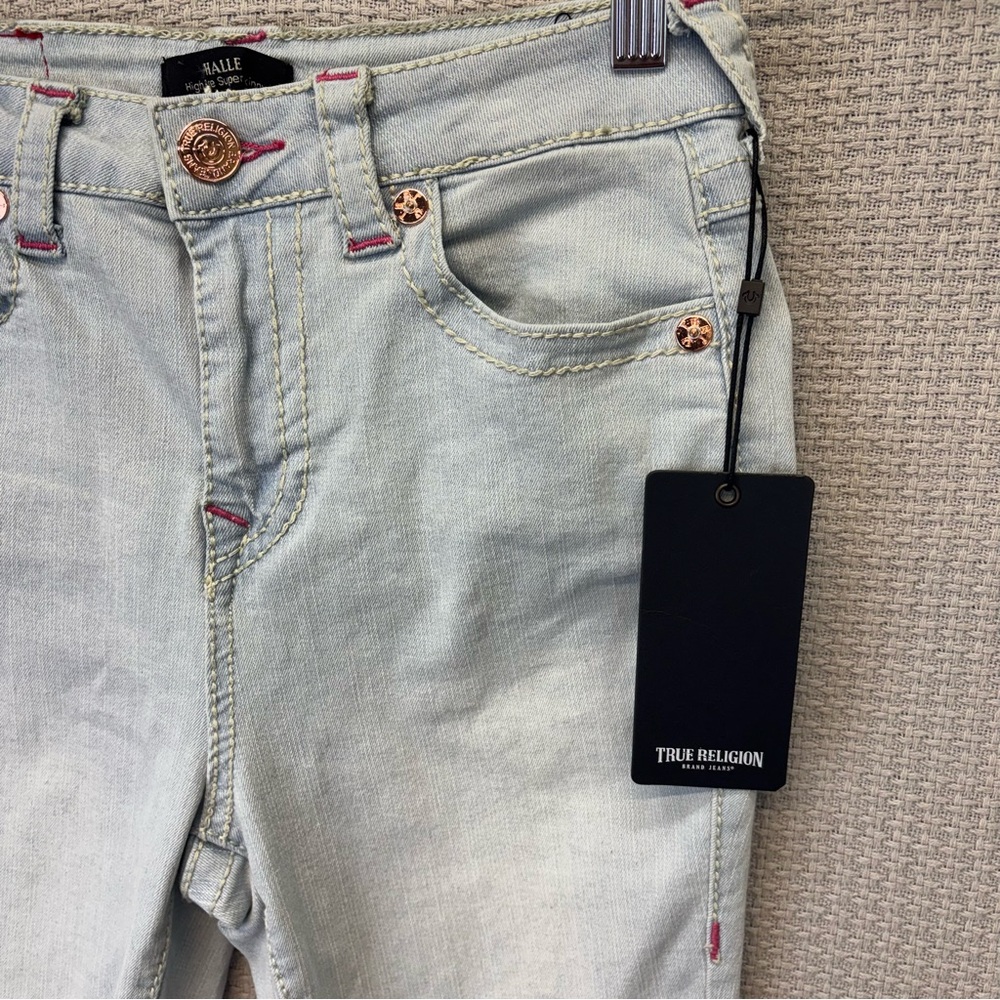 NWT True Religion Halle Jeans Women 26 High Rise Super Skinny Pink Stitching - Picture 5 of 12